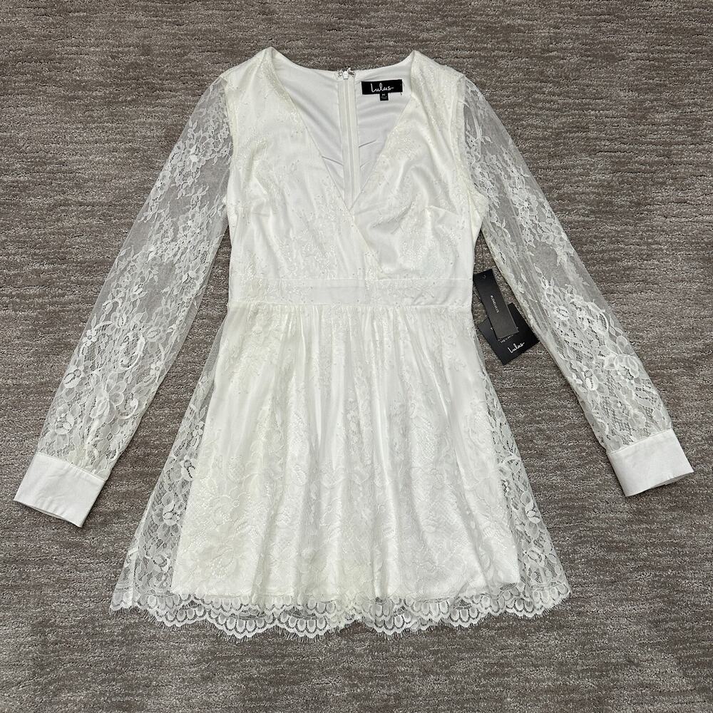 Lulus Dress Womens Medium Cream Off White Lace Long Sleeve Bride Bachlorette